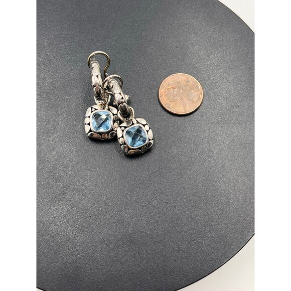 Sterling Silver 925 Faceted Blue CZ Bali‎ Style Hoop Dangle Earrings - Picture 7 of 8
